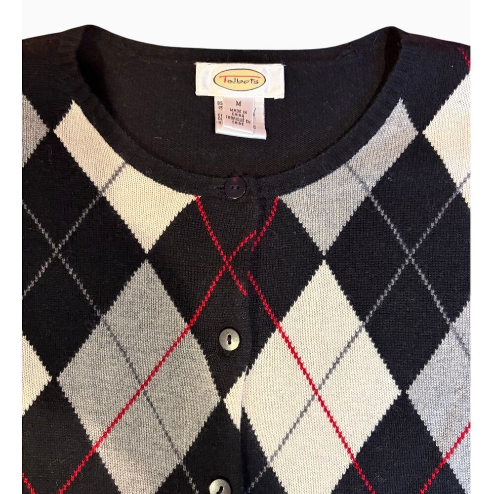 Vintage 90s Y2K Talbots Medium Black Argyle Cardigan Silk Cashmere Preppy